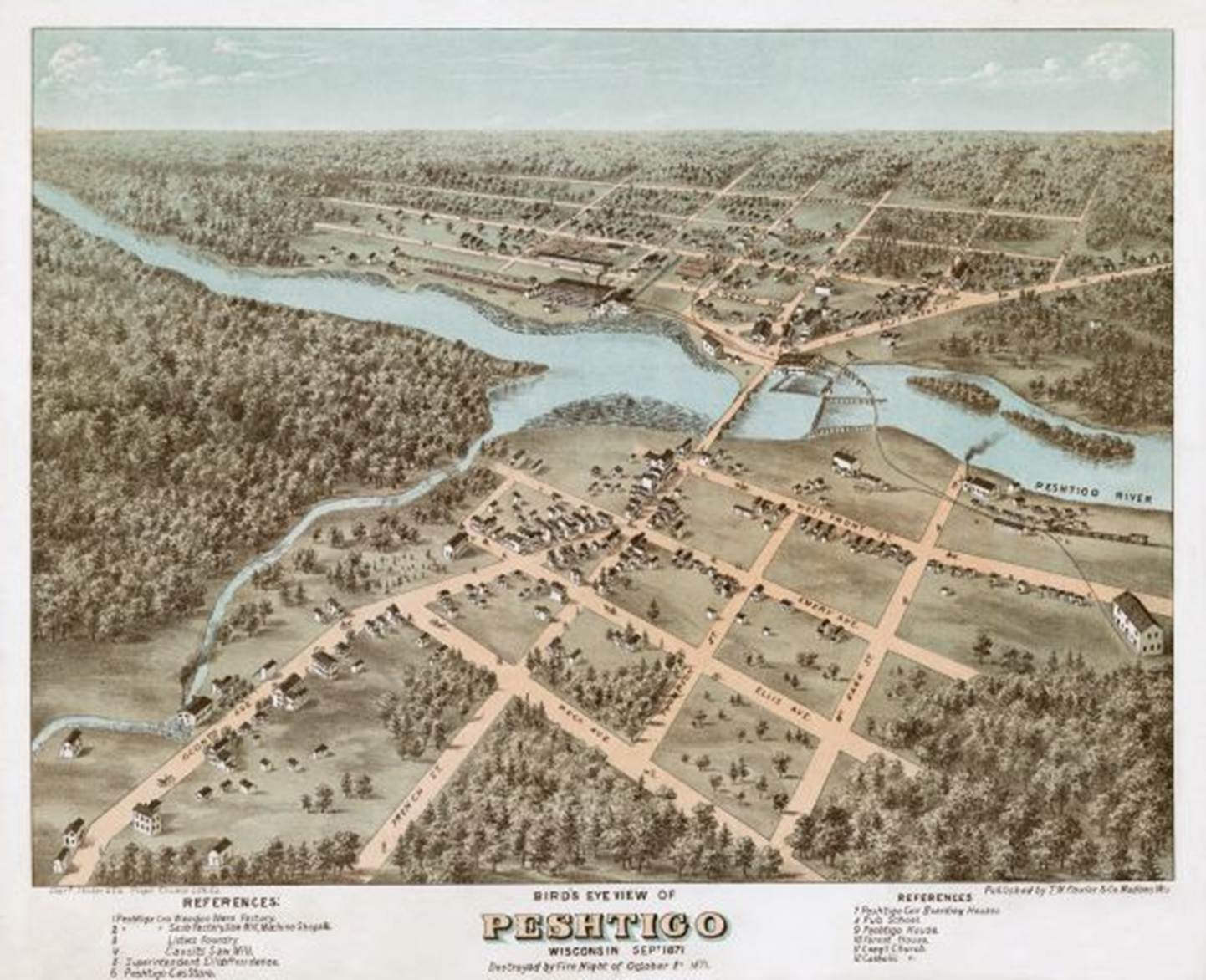 Description: Bird's-eye view of Peshtigo, before it was destroyed by fire on the night of October 8, 1871.