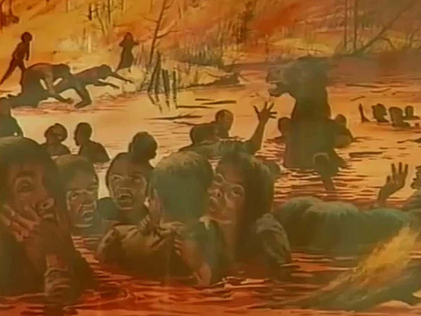 Description: Peshtigonians finding refuge in the river.